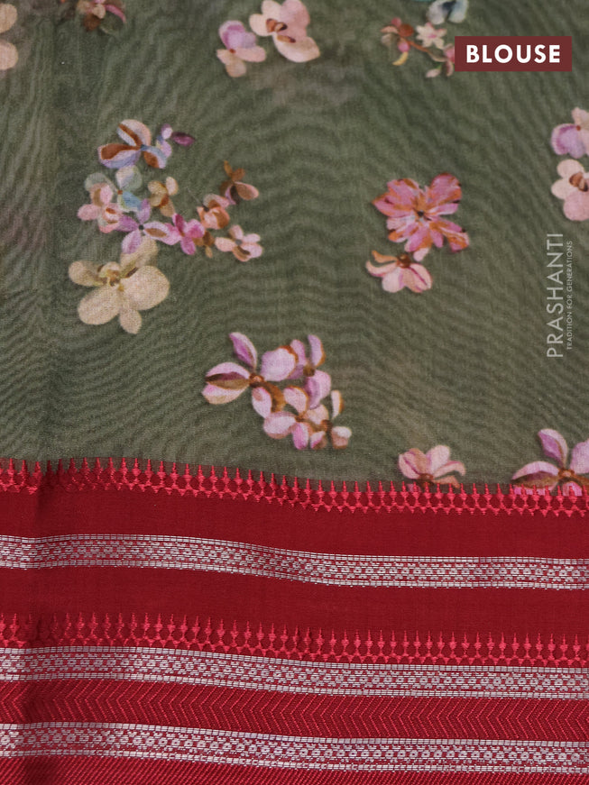 Maheshwari silk cotton saree sap green shade and maroon with allover floral prints and thread & zari woven border