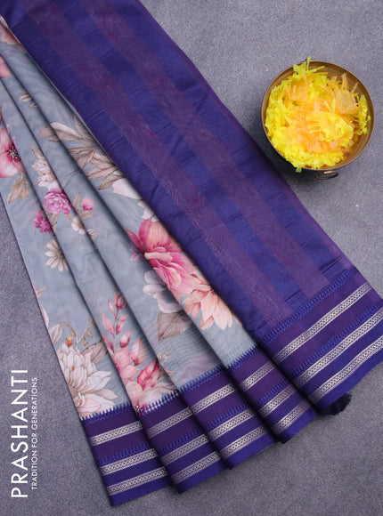 Maheshwari silk cotton saree grey and blue with allover floral prints and thread & zari woven border