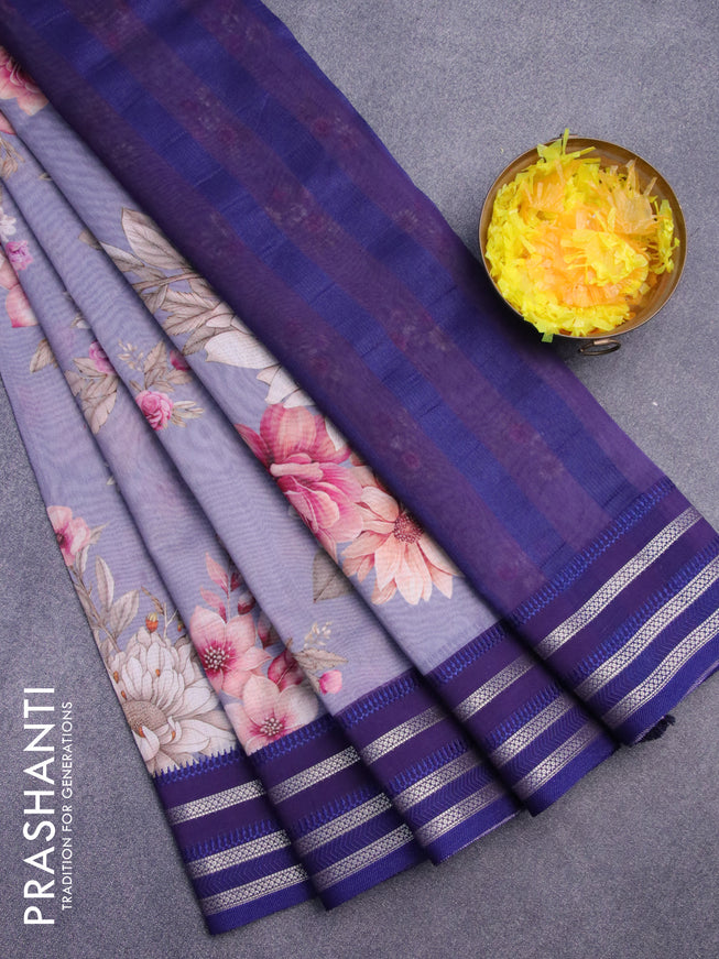 Maheshwari silk cotton saree grey shade and blue with allover floral prints and thread & zari woven border