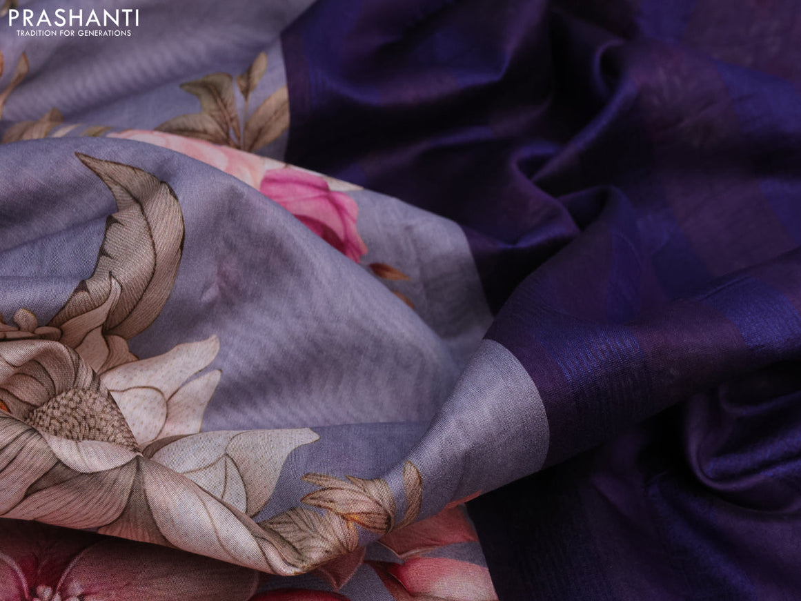 Maheshwari silk cotton saree grey shade and blue with allover floral prints and thread & zari woven border