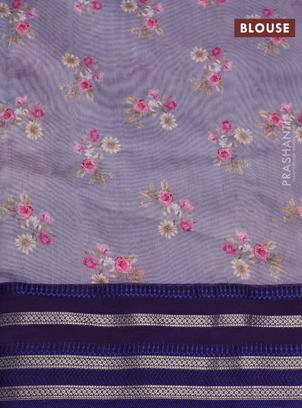 Maheshwari silk cotton saree grey shade and blue with allover floral prints and thread & zari woven border