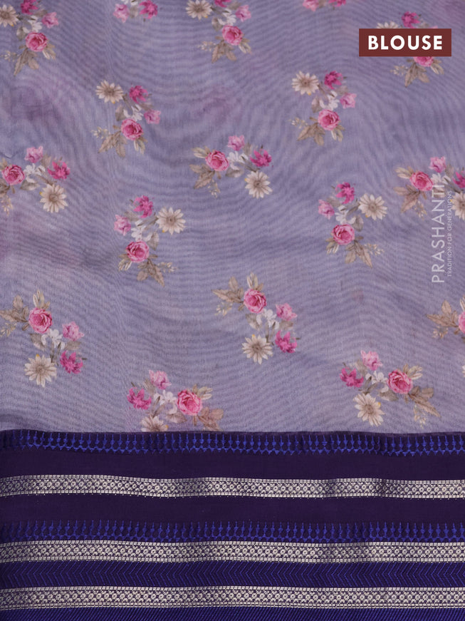 Maheshwari silk cotton saree grey shade and blue with allover floral prints and thread & zari woven border