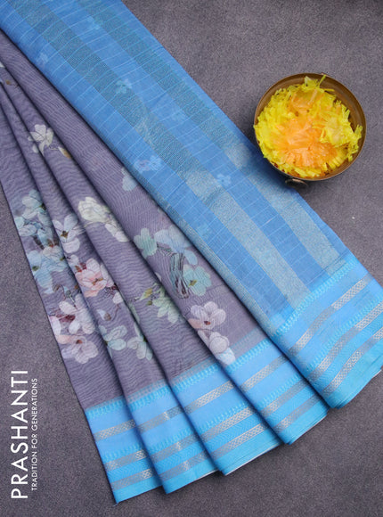 Maheshwari silk cotton saree grey and light blue with allover floral prints and thread & zari woven border