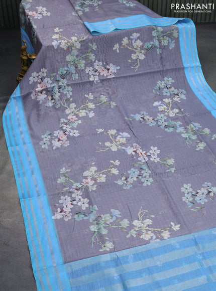 Maheshwari silk cotton saree grey and light blue with allover floral prints and thread & zari woven border