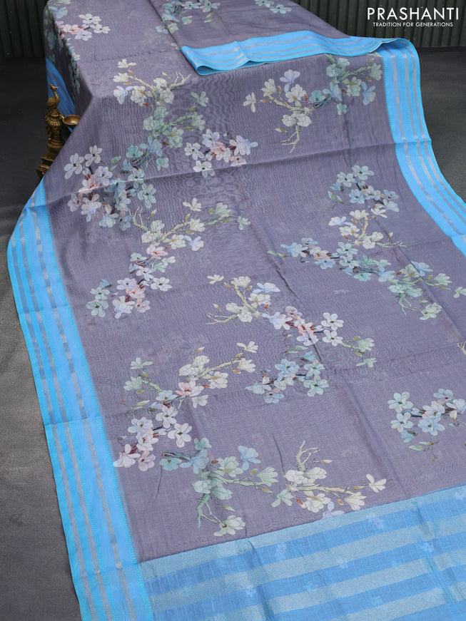 Maheshwari silk cotton saree grey and light blue with allover floral prints and thread & zari woven border