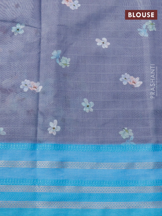 Maheshwari silk cotton saree grey and light blue with allover floral prints and thread & zari woven border