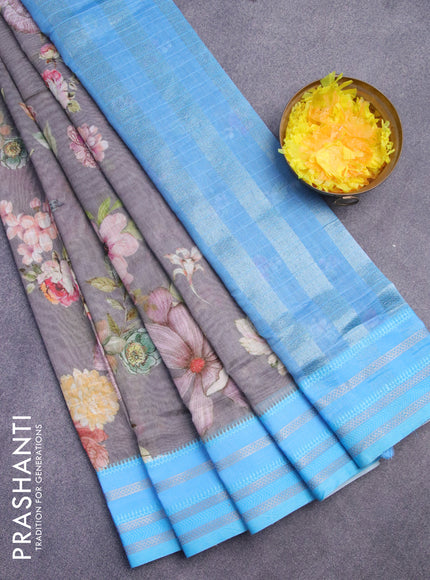 Maheshwari silk cotton saree grey and light blue with allover floral prints and thread & zari woven border