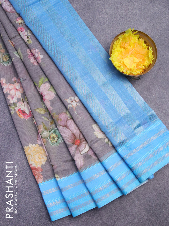 Maheshwari silk cotton saree grey and light blue with allover floral prints and thread & zari woven border