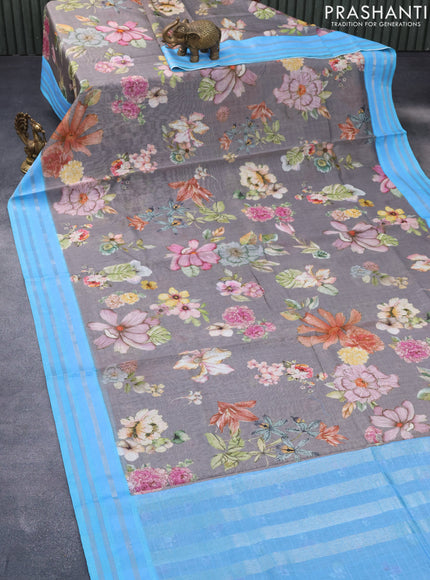 Maheshwari silk cotton saree grey and light blue with allover floral prints and thread & zari woven border