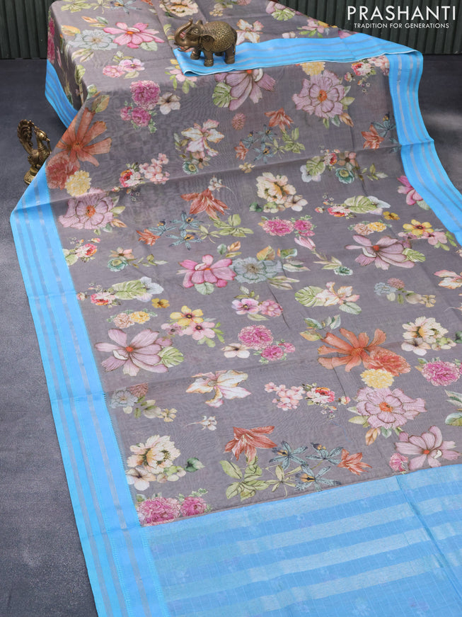 Maheshwari silk cotton saree grey and light blue with allover floral prints and thread & zari woven border