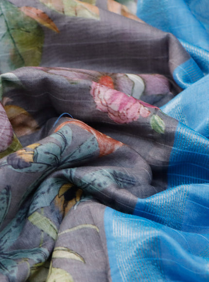 Maheshwari silk cotton saree grey and light blue with allover floral prints and thread & zari woven border