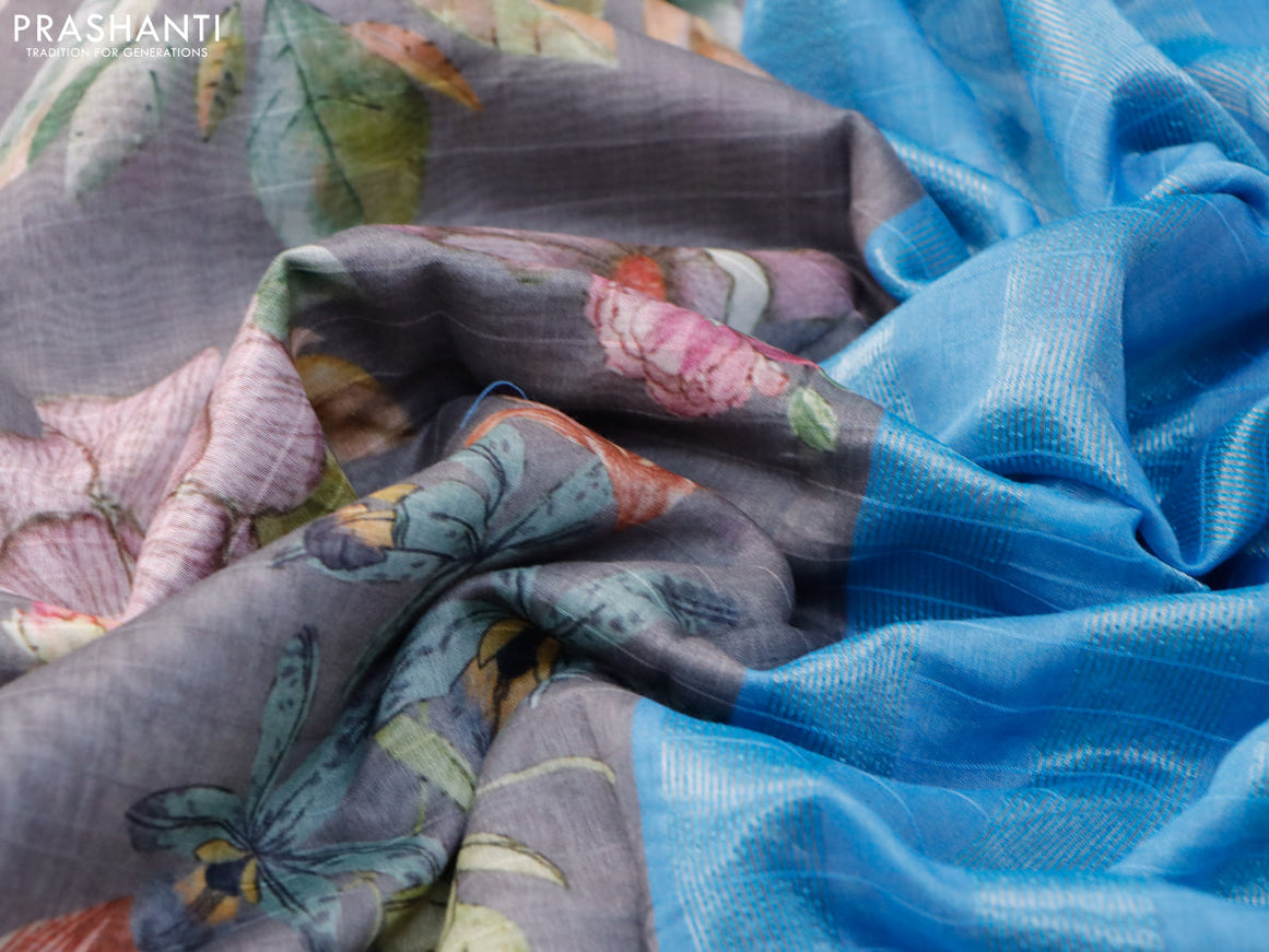 Maheshwari silk cotton saree grey and light blue with allover floral prints and thread & zari woven border