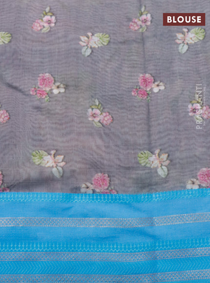 Maheshwari silk cotton saree grey and light blue with allover floral prints and thread & zari woven border