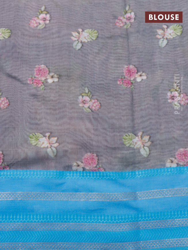 Maheshwari silk cotton saree grey and light blue with allover floral prints and thread & zari woven border