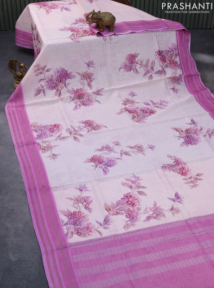 Maheshwari silk cotton saree pastel pink and pink shade with allover floral prints and thread & zari woven border