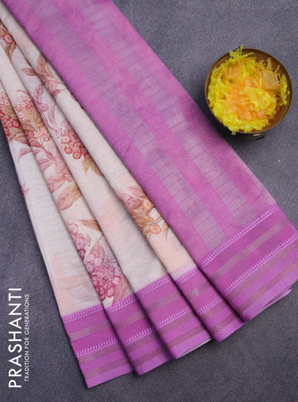 Maheshwari silk cotton saree cream peach and pink shade with allover floral prints and thread & zari woven border