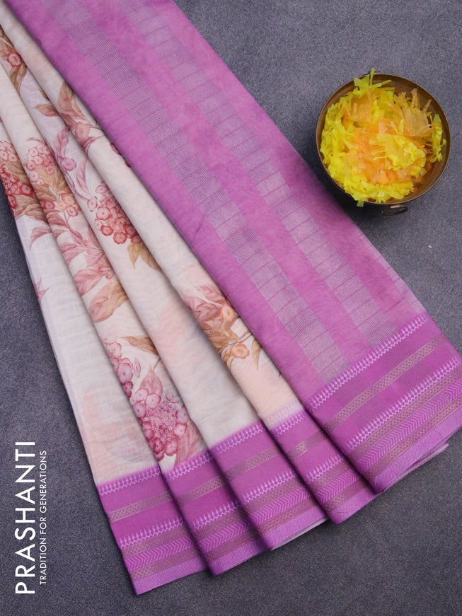 Maheshwari silk cotton saree cream peach and pink shade with allover floral prints and thread & zari woven border