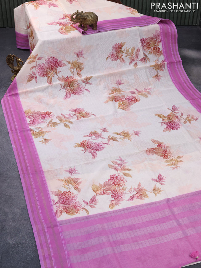 Maheshwari silk cotton saree cream peach and pink shade with allover floral prints and thread & zari woven border