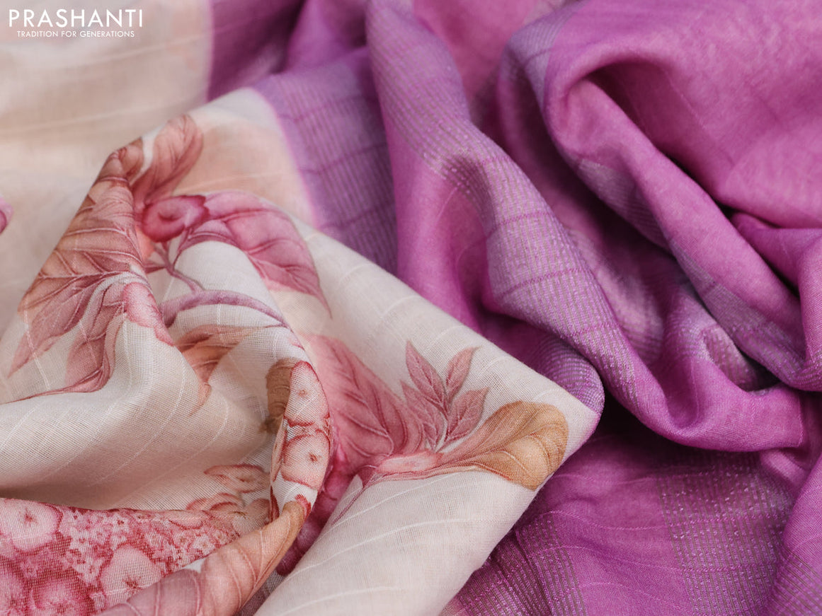 Maheshwari silk cotton saree cream peach and pink shade with allover floral prints and thread & zari woven border