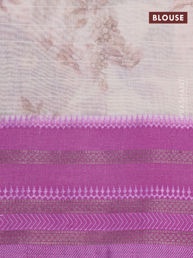 Maheshwari silk cotton saree cream peach and pink shade with allover floral prints and thread & zari woven border