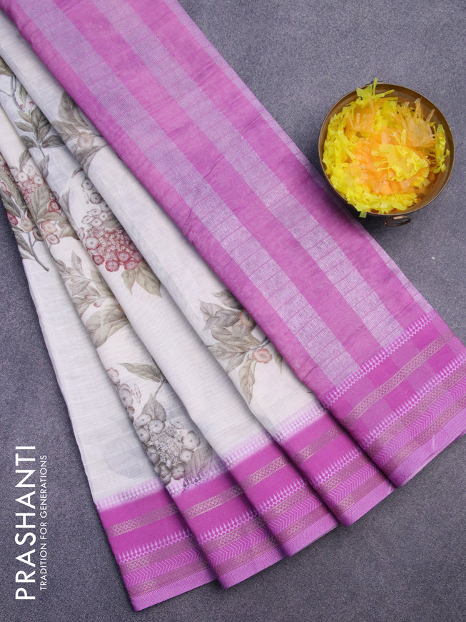 Maheshwari silk cotton saree off white and pink shade with allover floral prints and thread & zari woven border