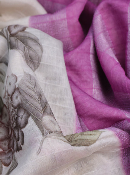 Maheshwari silk cotton saree off white and pink shade with allover floral prints and thread & zari woven border