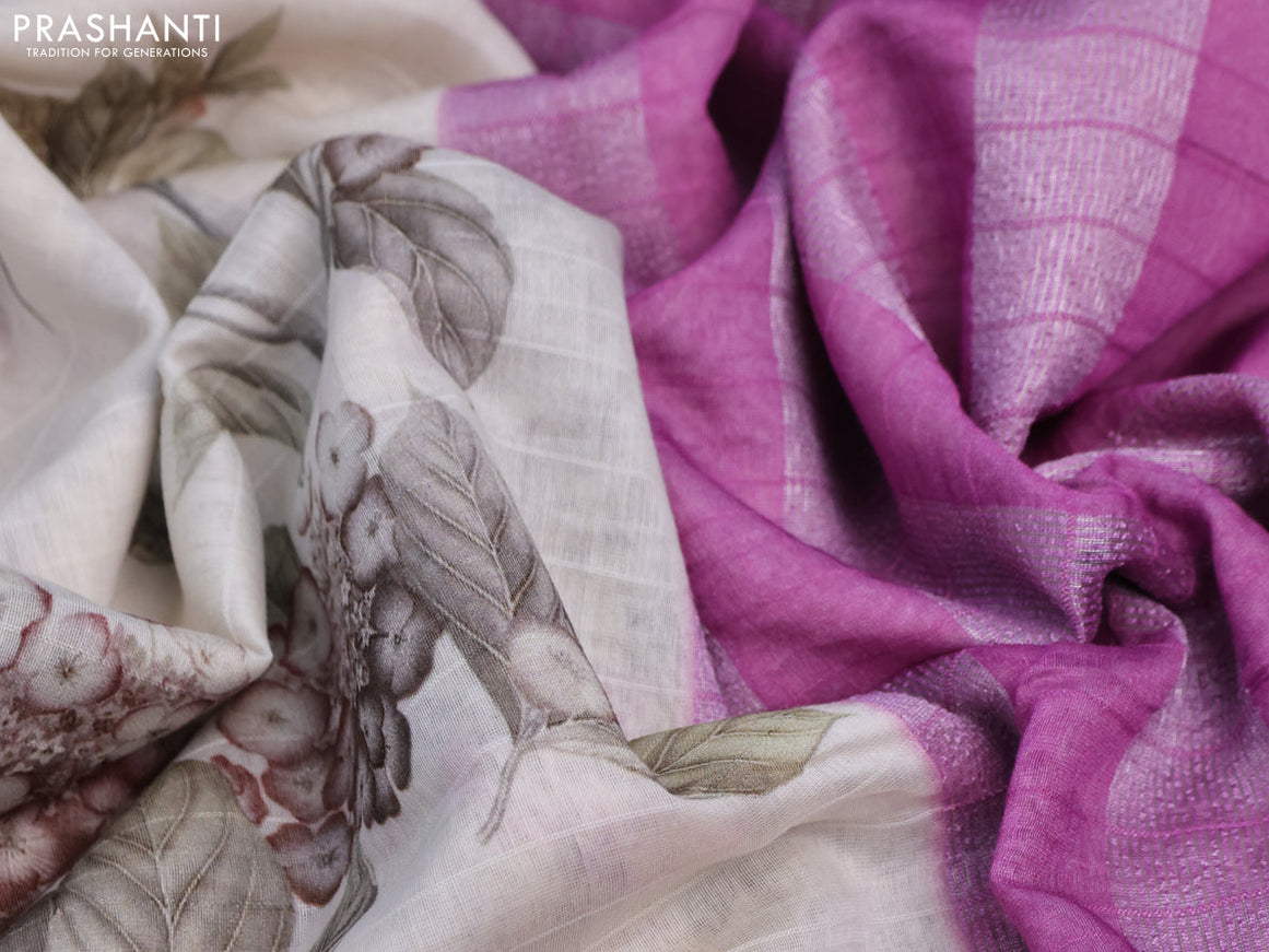 Maheshwari silk cotton saree off white and pink shade with allover floral prints and thread & zari woven border