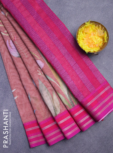 Maheshwari silk cotton saree rust shade and pink with allover floral prints and thread & zari woven border