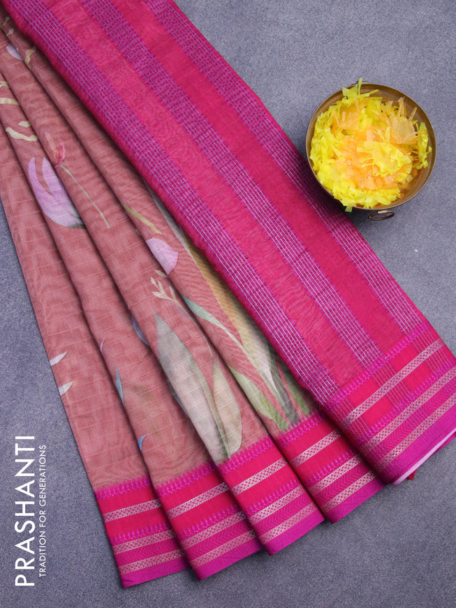 Maheshwari silk cotton saree rust shade and pink with allover floral prints and thread & zari woven border