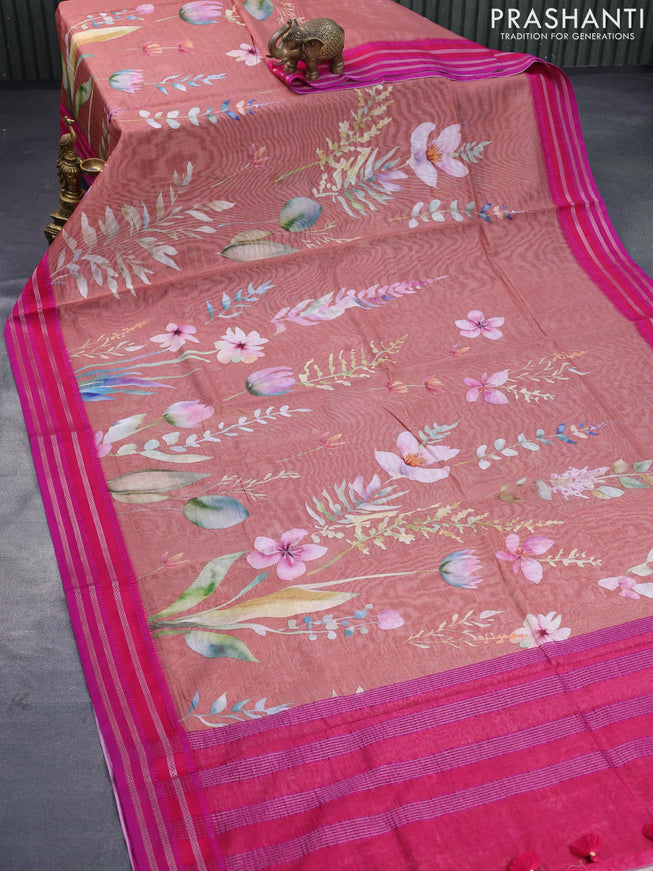 Maheshwari silk cotton saree rust shade and pink with allover floral prints and thread & zari woven border