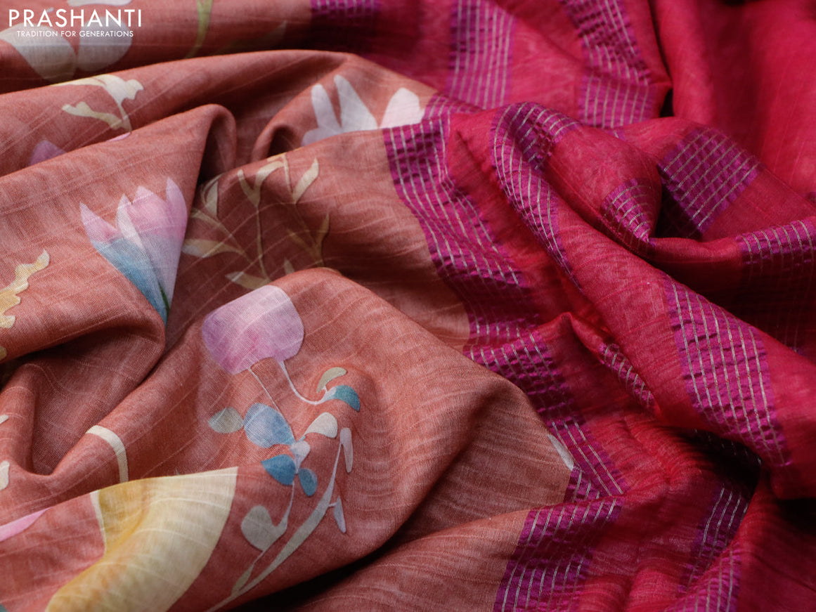 Maheshwari silk cotton saree rust shade and pink with allover floral prints and thread & zari woven border