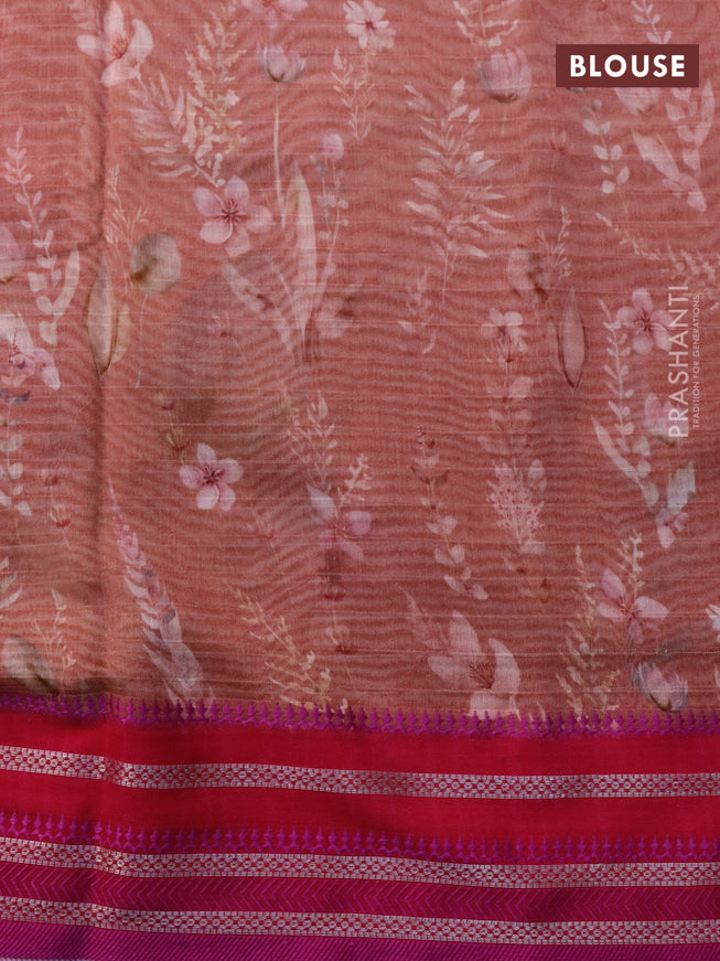 Maheshwari silk cotton saree rust shade and pink with allover floral prints and thread & zari woven border