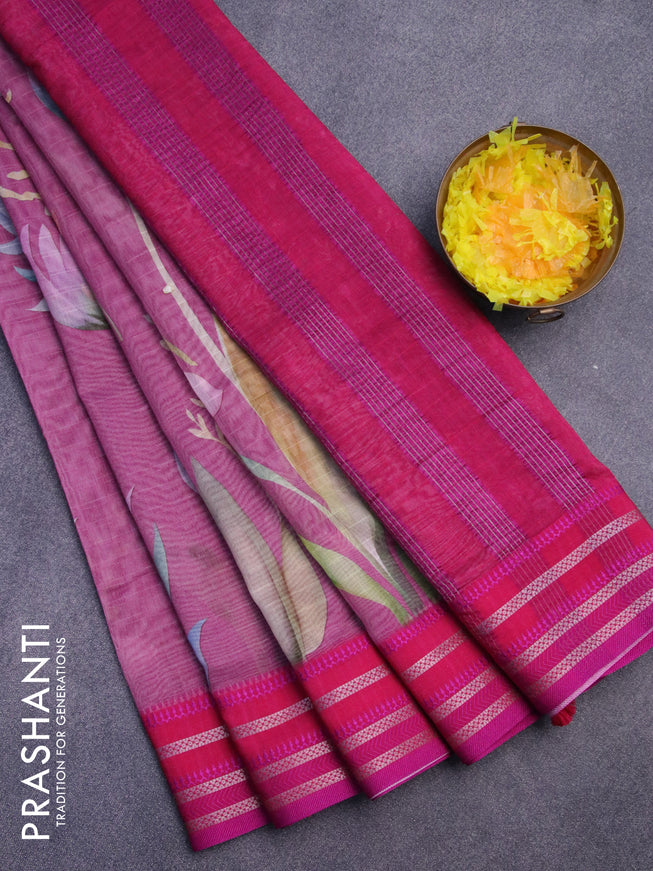 Maheshwari silk cotton saree magenta pink and pink with allover floral prints and thread & zari woven border