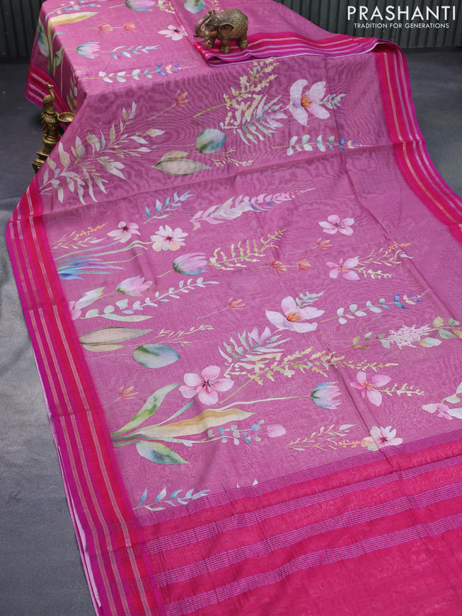 Maheshwari silk cotton saree magenta pink and pink with allover floral prints and thread & zari woven border