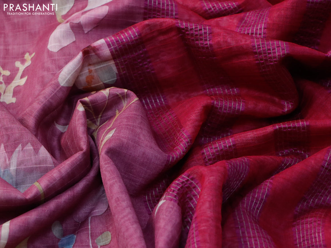 Maheshwari silk cotton saree magenta pink and pink with allover floral prints and thread & zari woven border