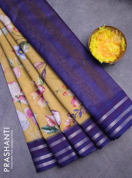 Maheshwari silk cotton saree mustard yellow and blue with allover floral prints and thread & zari woven border