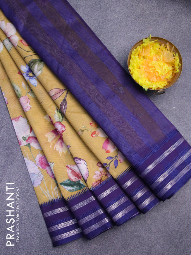 Maheshwari silk cotton saree mustard yellow and blue with allover floral prints and thread & zari woven border