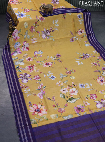 Maheshwari silk cotton saree mustard yellow and blue with allover floral prints and thread & zari woven border