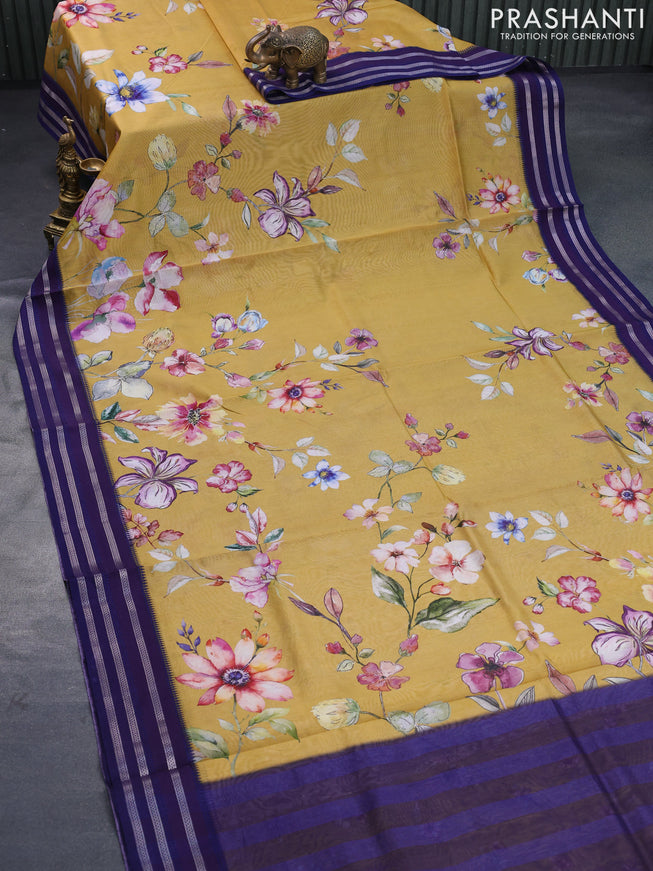 Maheshwari silk cotton saree mustard yellow and blue with allover floral prints and thread & zari woven border