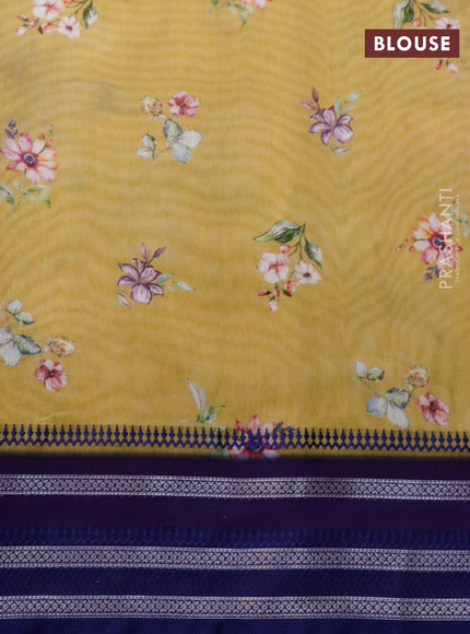 Maheshwari silk cotton saree mustard yellow and blue with allover floral prints and thread & zari woven border