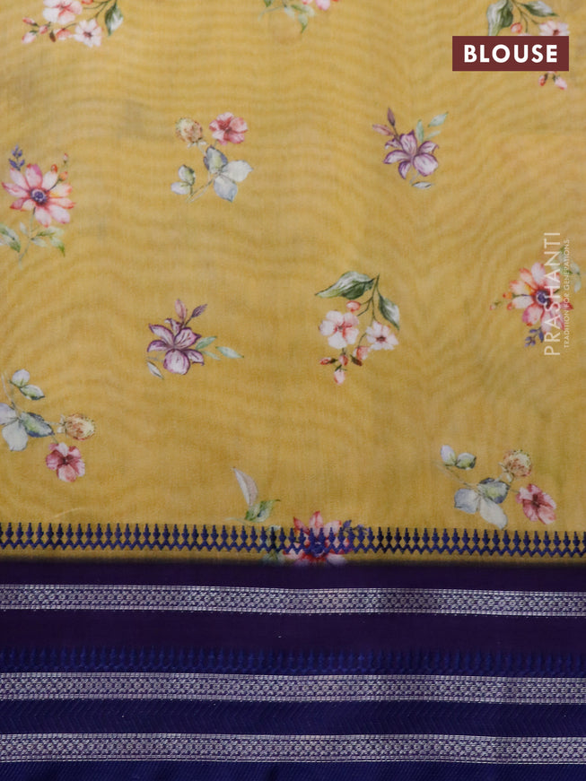 Maheshwari silk cotton saree mustard yellow and blue with allover floral prints and thread & zari woven border