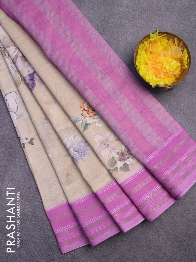 Maheshwari silk cotton saree beige and pink shade with allover floral prints and thread & zari woven border