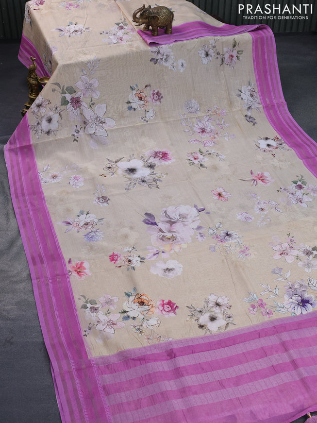 Maheshwari silk cotton saree beige and pink shade with allover floral prints and thread & zari woven border