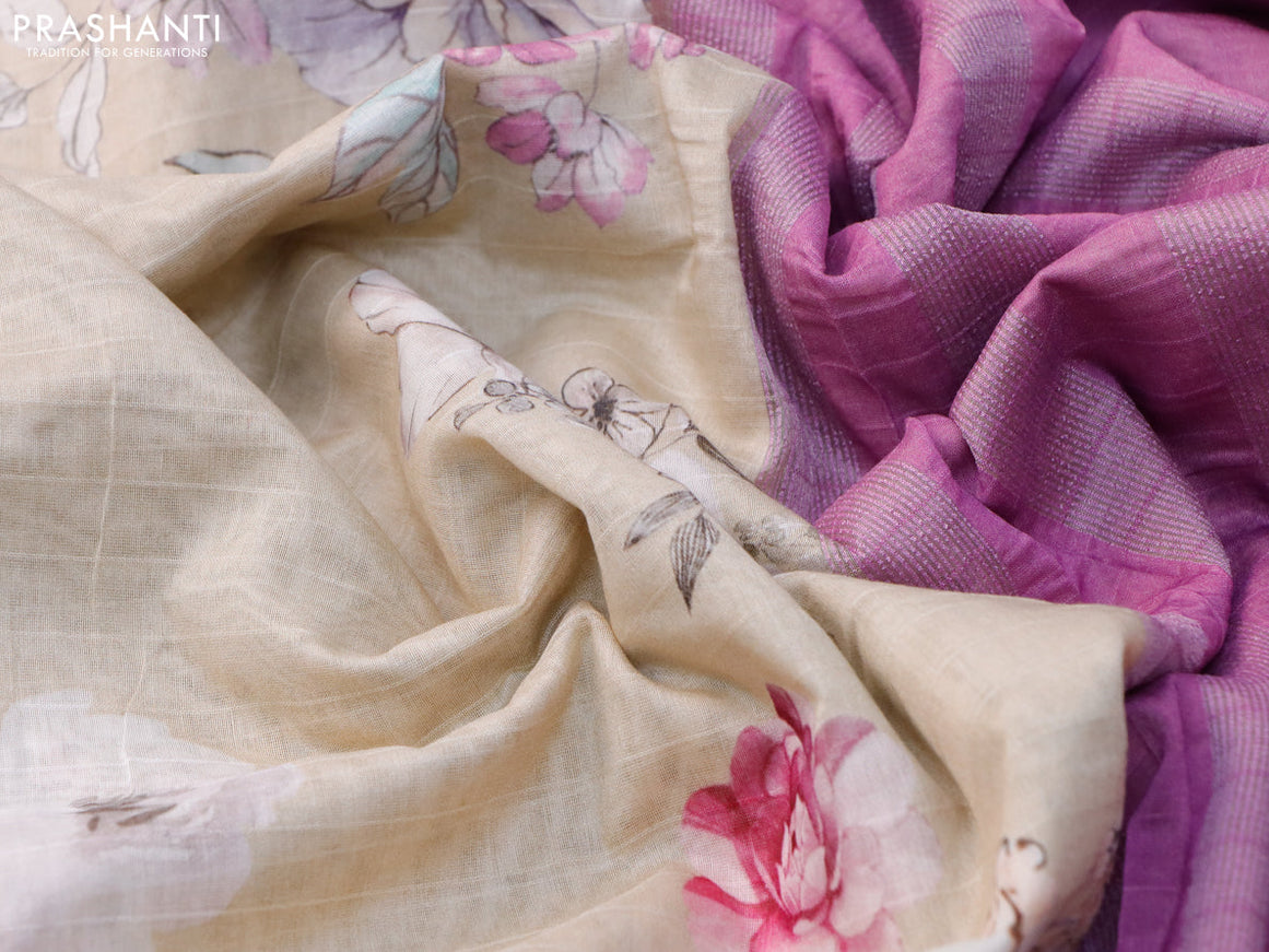 Maheshwari silk cotton saree beige and pink shade with allover floral prints and thread & zari woven border