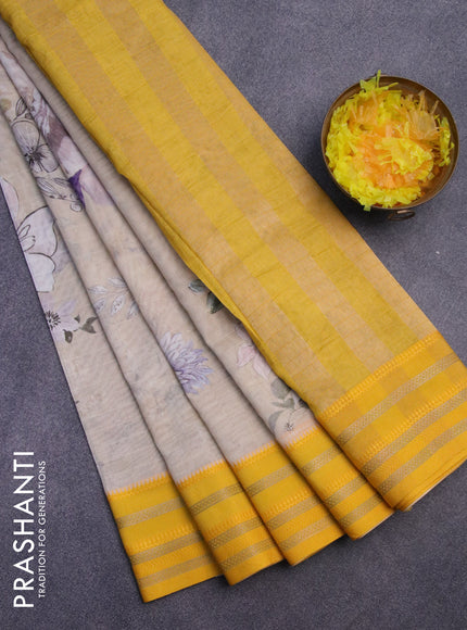 Maheshwari silk cotton saree beige and yellow with allover floral prints and thread & zari woven border