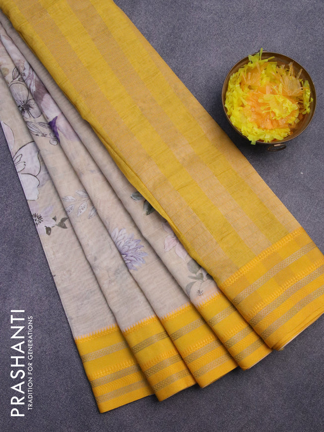 Maheshwari silk cotton saree beige and yellow with allover floral prints and thread & zari woven border