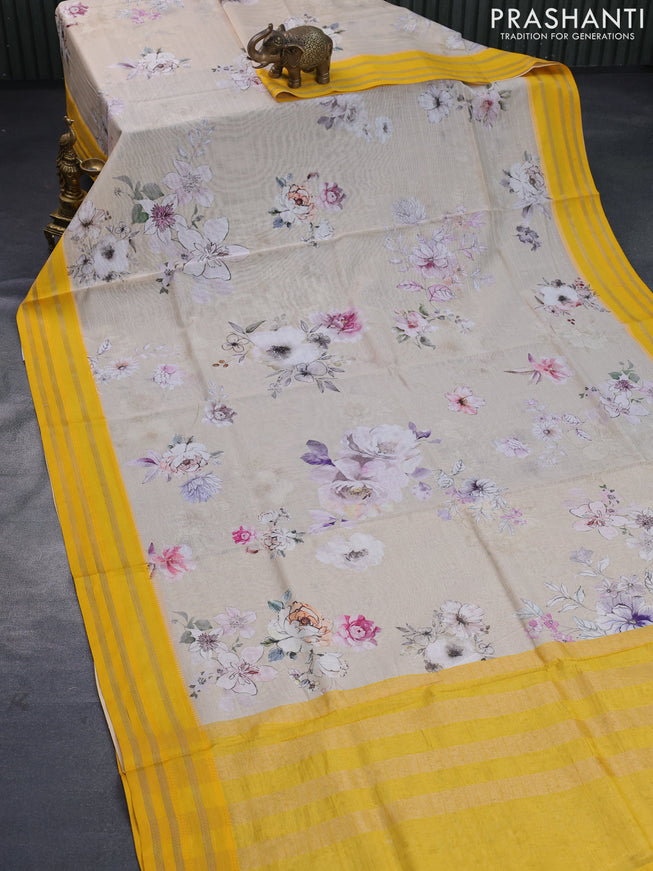 Maheshwari silk cotton saree beige and yellow with allover floral prints and thread & zari woven border