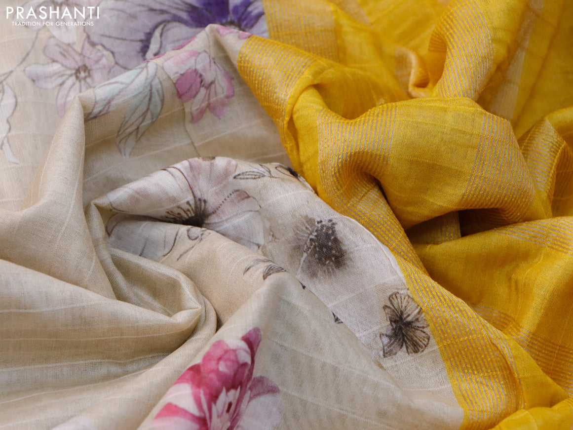 Maheshwari silk cotton saree beige and yellow with allover floral prints and thread & zari woven border