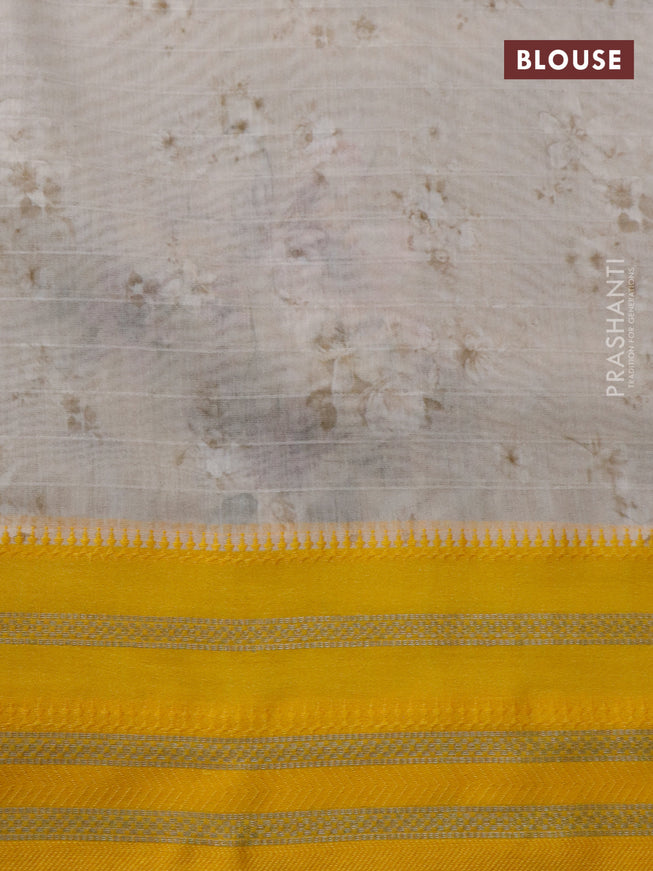 Maheshwari silk cotton saree beige and yellow with allover floral prints and thread & zari woven border