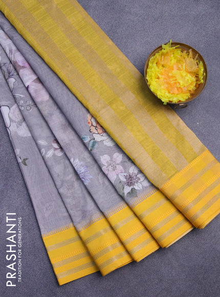 Maheshwari silk cotton saree grey and yellow with allover floral prints and thread & zari woven border